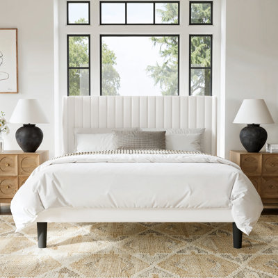 King Size Upholstered Platform Bed with Wingback Headboard and Wooden Slats by Ebern Designs