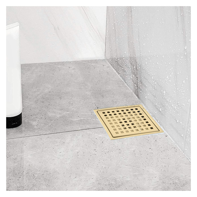 Drain de plancher de douche carré 6 po avec couvercle en grille et finition dorée, acier inoxydable, Doré