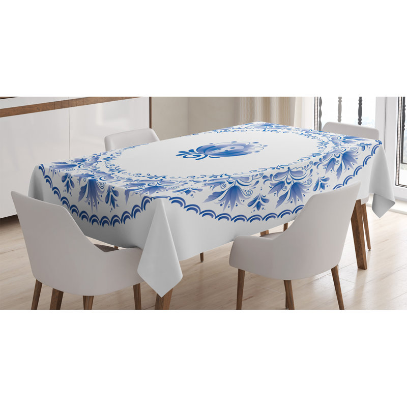 Mandala Tablecloth, Country Style Floral Soft Color Circle Pattern Persian Features Nostalgic Design, Rectangular Table Cover For Dining Room Kitchen Decor, 52" X 70", Blue White