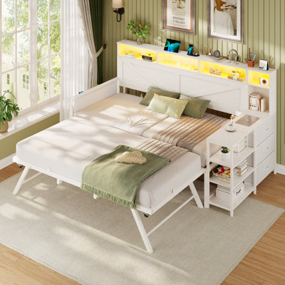 Lit de jour simple avec lit gigogne escamotable, structure de lit de jour en bois de ferme avec 3 tiroirs de rangement et tablettes, lit de jour simple avec station de charge et lumières DEL pour la chambre à coucher, la chambre d'amis