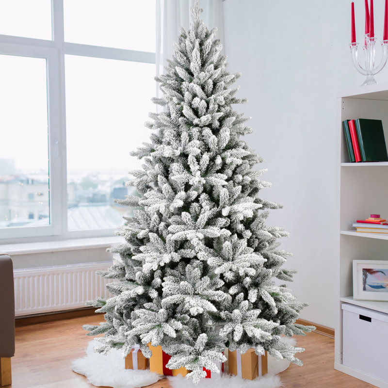 Arbre de Noël enneigé 7 pi avec 1514 pointes, arbre à charnières enneigé réaliste PE + PVC avec support en métal, arbre de Noël artificiel complet