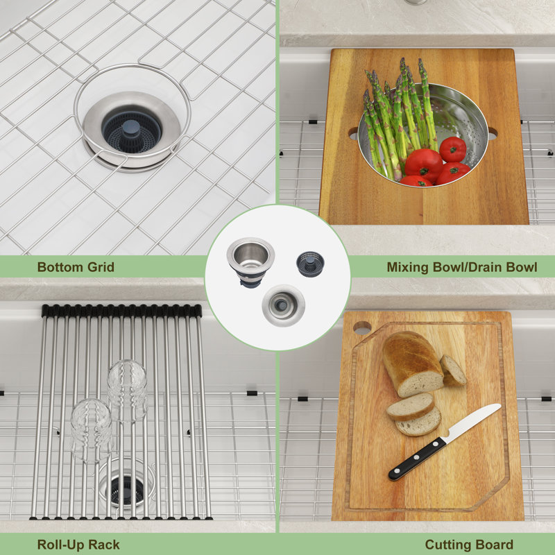 33" x 19" Ceramic Undermount Kitchen Sink, Single Bowl Workstation Sink with Cutting Board, Mixing Bowl, Roll-Up Rack & Sink Grid, 10" Deep Prep Station Sink