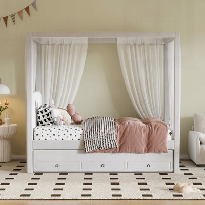 Upholstery Canopy Platform Bed with Trundle and Three Storage Drawers