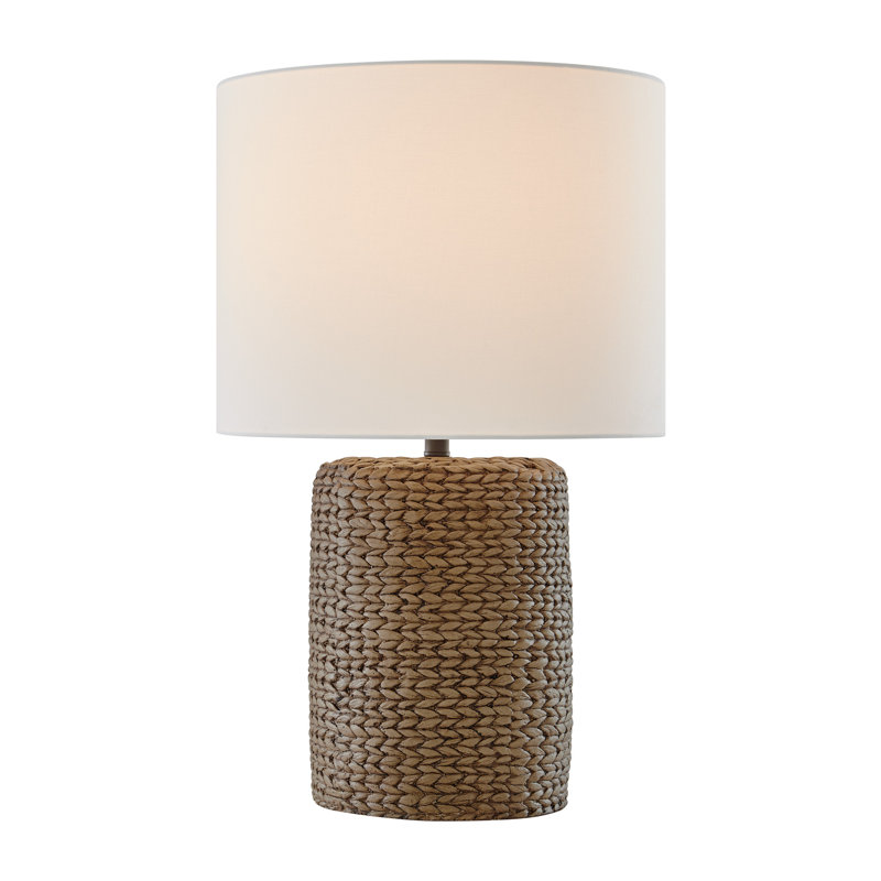 Cordless Brown Woven Seagrass Outdoor Table Lamp with Ivory Fabric Shade