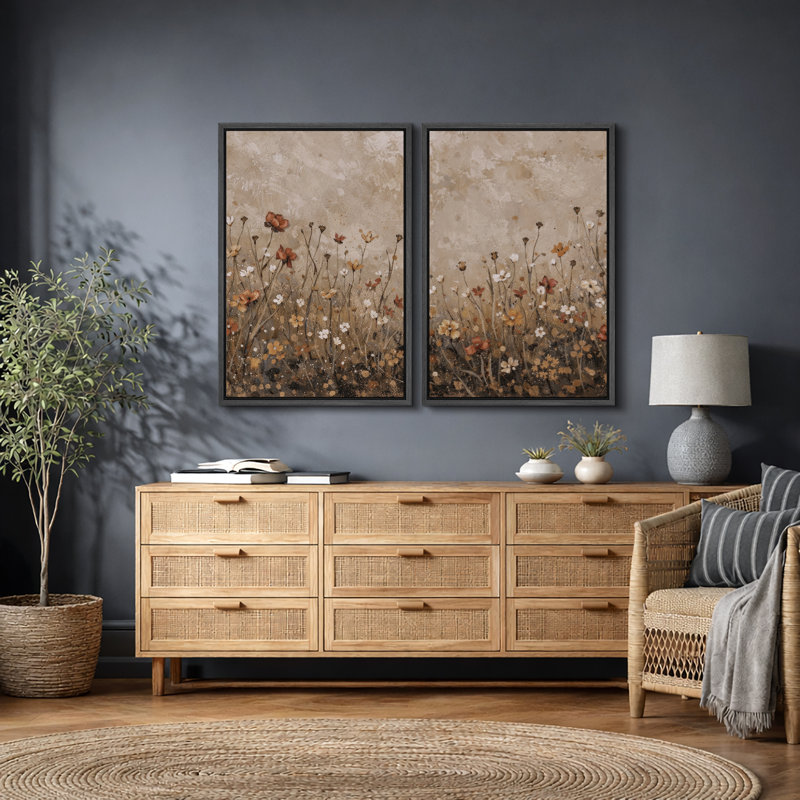 Autumn Wildflower Meadow Artwork, Living Room Pictures, Framed Canvas Giclee Print Wall Art, Black Floater Frame