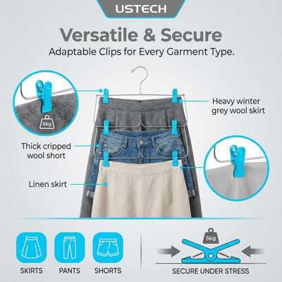 6 Tier Skirt Hangers with Clips | Space Saver Closet Organizer | Rust-Free Stainless Steel Pant Hangers for Pants, Shorts, Skirts | Multi Hangars Space Saving | 5 Pack