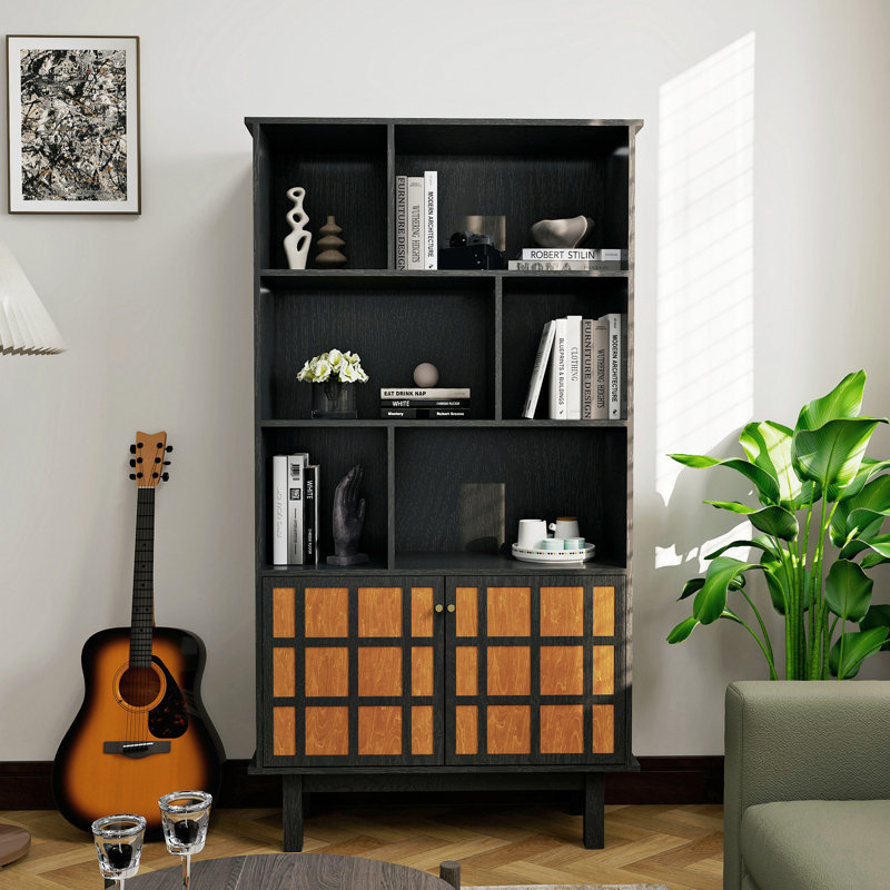 Bibliothèque de rangement élégante - 3 tablettes ouvertes + 2 tablettes fermées, panneau de fibres à densité moyenne résistant aux égratignures, assemblage facile