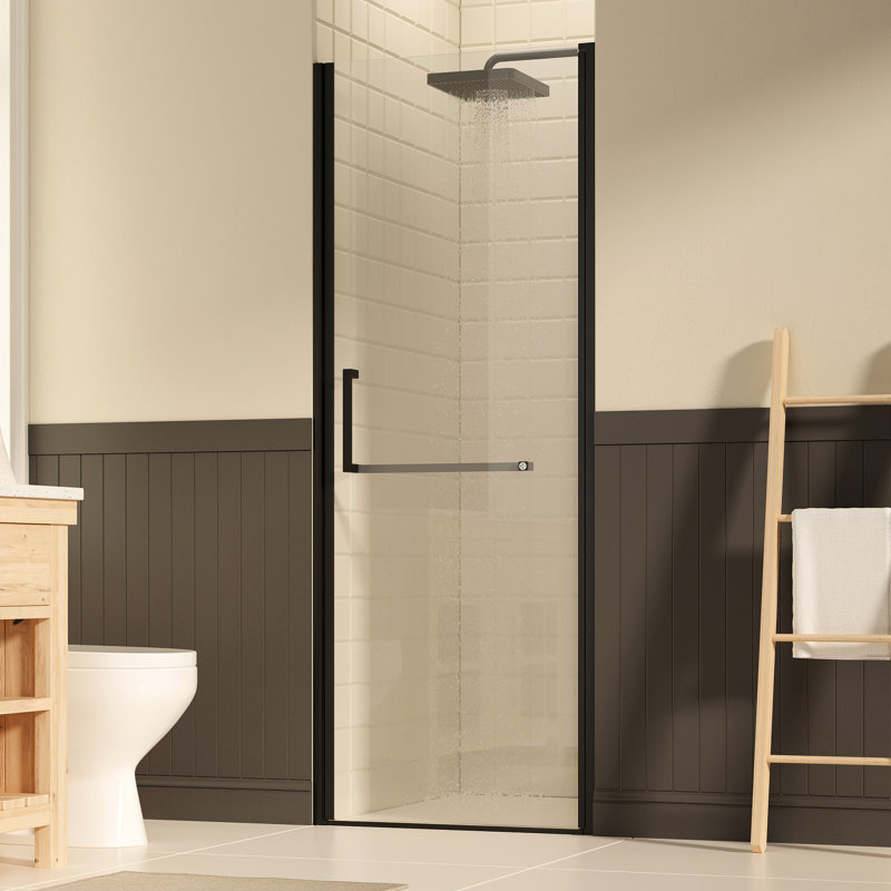 27 - 28" W 72" H Pivot Shower Door, Matte Black, Tempered Glass, Proof Film, Nano Coating, Reversible For Bathroom Space Utilization Aesthetics