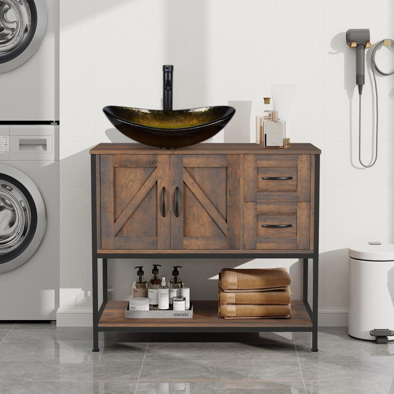 Meuble-lavabo simple 36 po avec lavabo sur pied Farmhouse, Noir, Brun foncé / jaune