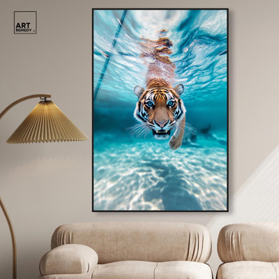 Eye of the Tiger Framed High-Gloss Acrylic Glass Wall Art Modern Tiger Art by Art Remedy, Black Frame, 36 x 54