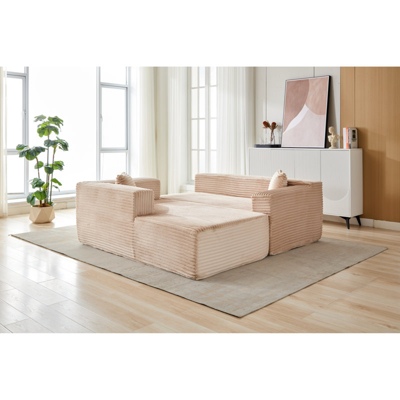 Corduroy modulaire à compression en forme de L beige désossé, méridienne confortable, siège profond et méridienne pour salon