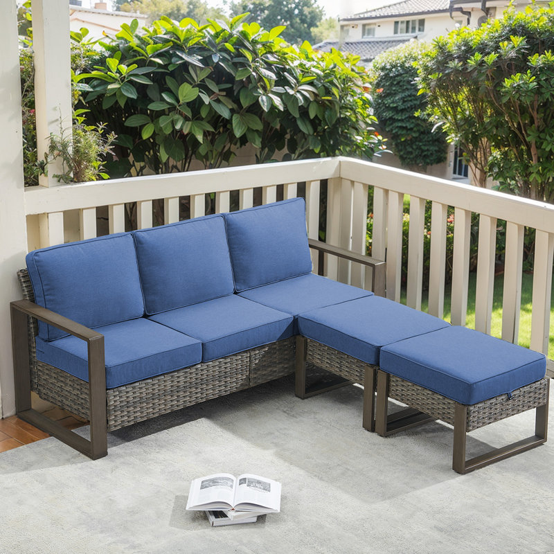 Ensemble de canapé d'extérieur en osier Drazen - Canapé 3 places et 2 repose-pieds pour patio et jardin, Bleu, Gris