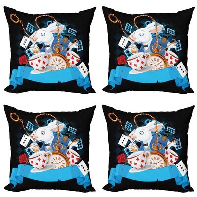 Ambesonne Alice In Wonderland Throw Pillow Cushion Case Pack Of 4, Rabbit Motion Cups Hearts And Flower Character Alice Cartoon Style, Modern Accent D -  micfour_14088_24x24