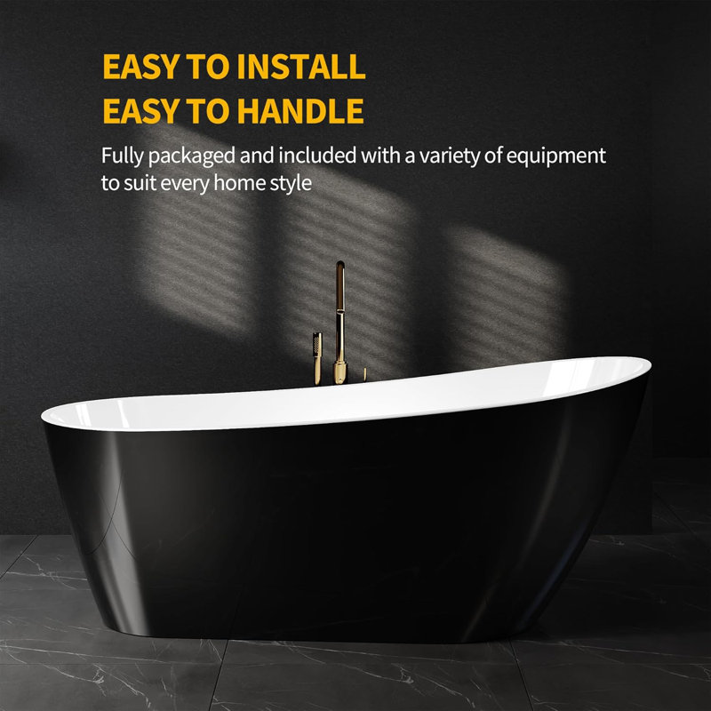 67" Deep Soaking Bathtub, Non-Slip Acrylic Tub with Chrome Drain, cUPC Certified, Ergonomic Modern Bath for Bathrooms, Easy-Install, Black Upturned