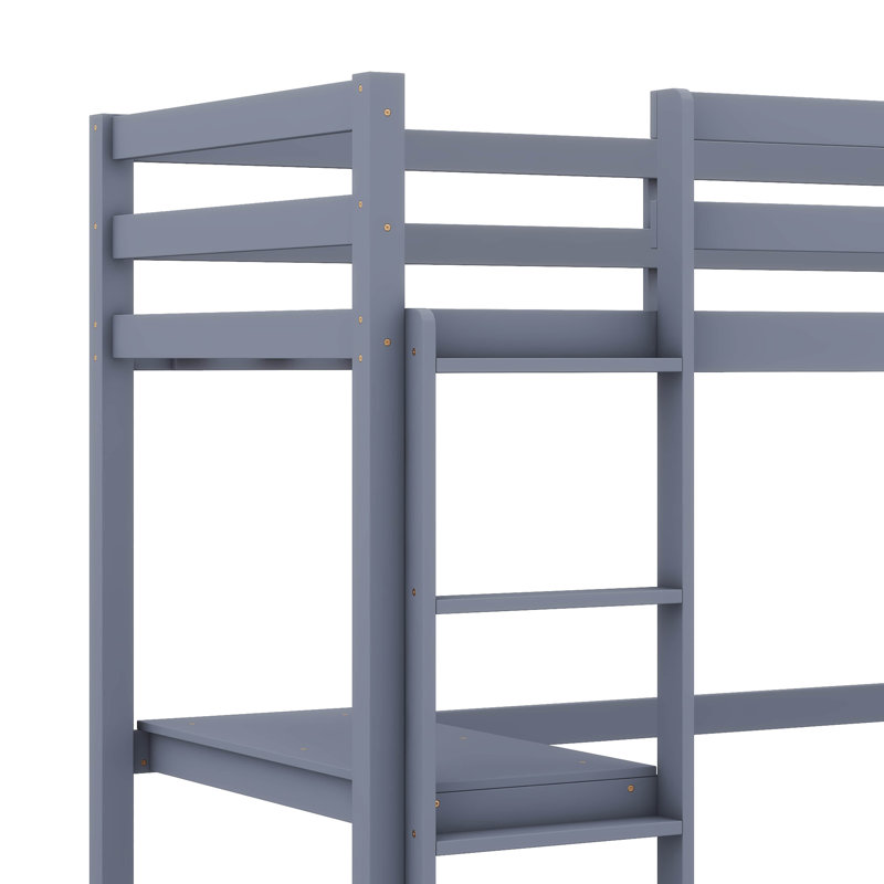 Twin Elevated Rubber Wood Loft Bed, Complete With Safety Guardrail, Integrated Desk, Ladder, Gray
