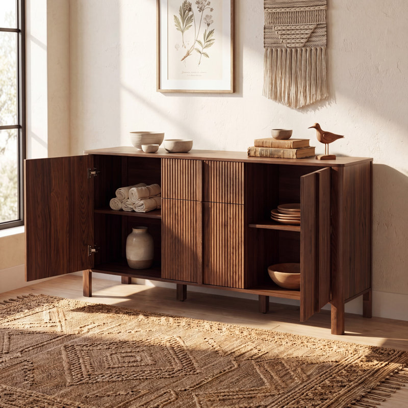Buffet de rangement Mid-Century cannelé avec 3 portes et tiroir Walcott, Noyer