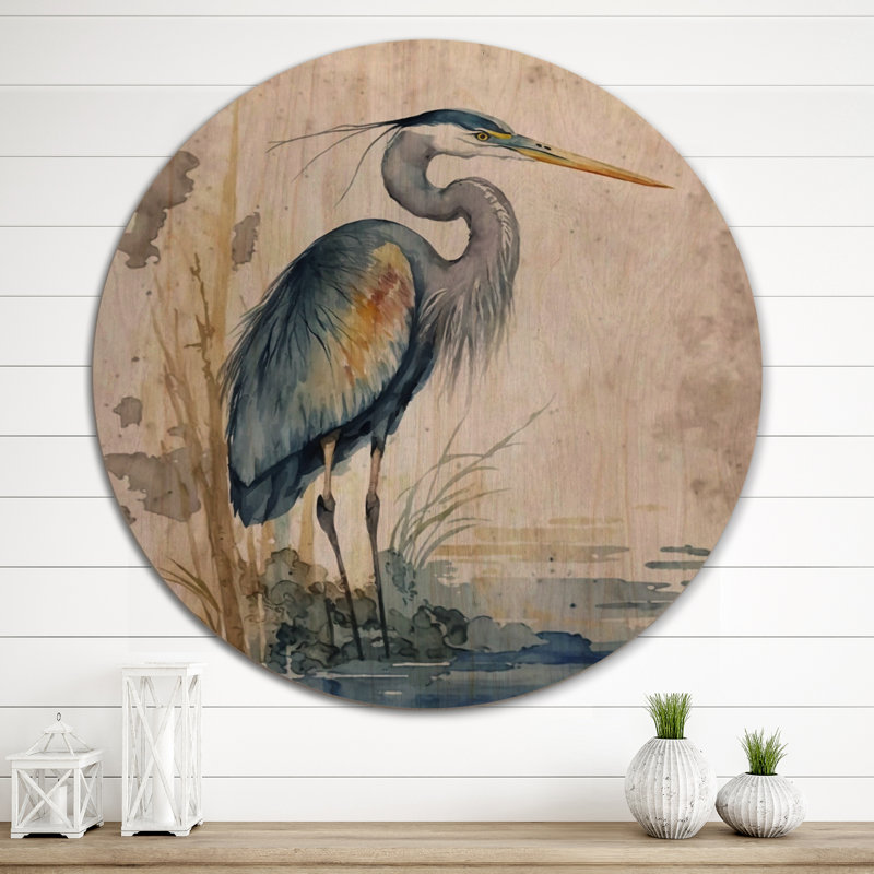 Héron au bord de l'eau I - Animaux, héron, art mural en bois - Bois de pin naturel, H 36 po x l 36 po x P 1 po