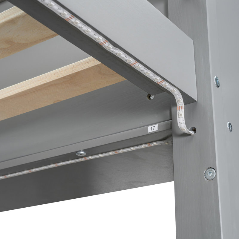 Lit mezzanine simple en bois avec bureau, DEL, tablettes multiples et support suspendu, éclairage à DEL gris, support de rangement,