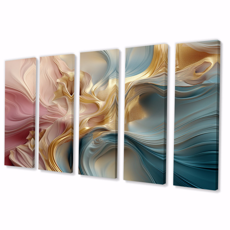 «Pastel liquide», art mural abstrait bleu pastel rose et or pour le salon, 5 pièces, H 28 po x l 60 po