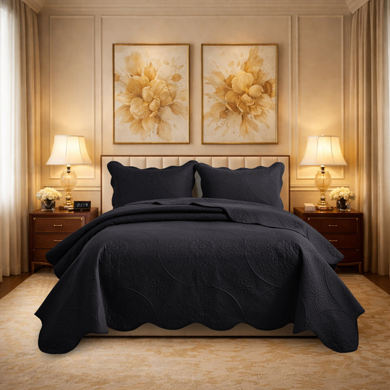 Floral Embossed Microfiber Quilt Set Pre-Washed  Soft Bedspread, Black, Queen Bedspread + 2 Standard Pillowcases