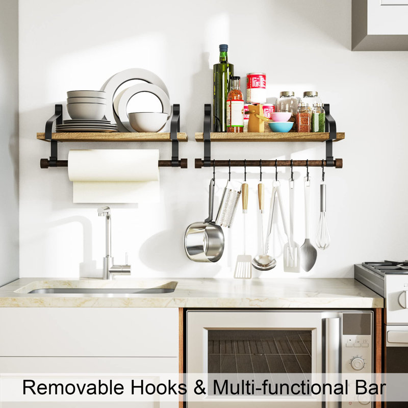 Floating Shelf Wall Shelf For Storage Rustic Wood Kitchen Spice Rack With Towel Bar And 8 Removable Hooks For Organize Cooking Utensils Or Mugs Carbonized Black