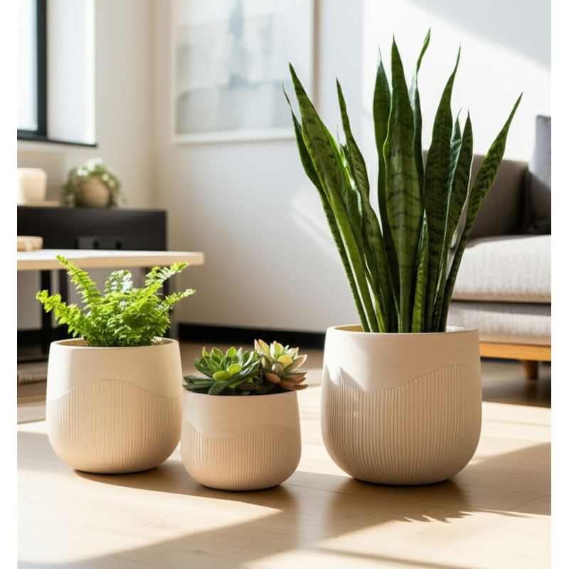 Planter Set Polyresin Carved Sculptural Design Decorative Indoor Outdoor Container Pots Contemporary Minimalist Style Durable Lightweight Construction Set Of 3