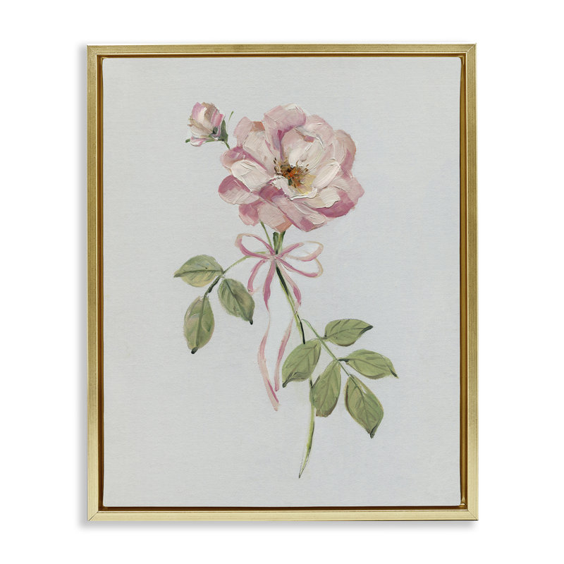 Zinnia rose avec ruban, H 21 po x l 17 po, Cadre flottant métallique doré