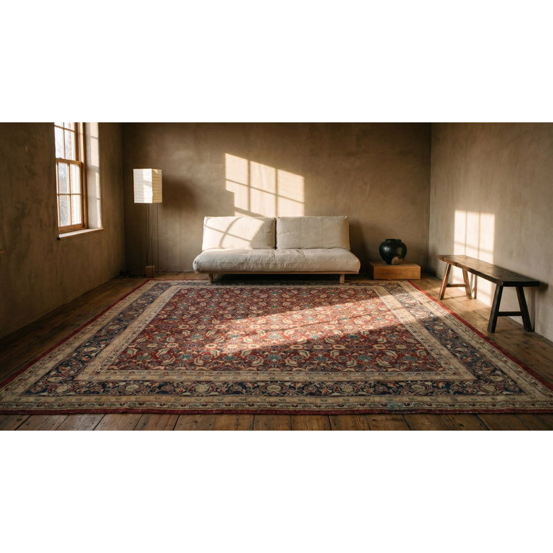 Square Shape Allover Herati Pattern Antique Classic Rich Red Color Agra Rug