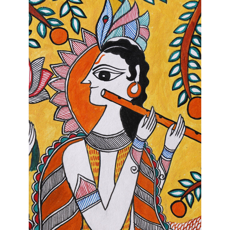 «Radha Krishna Spiritual Love», peinture acrylique encadrée sur papier faite à la main Madhubani par Lalita Ray - H 22 po x l 15 po, décoration murale d'art populaire indien