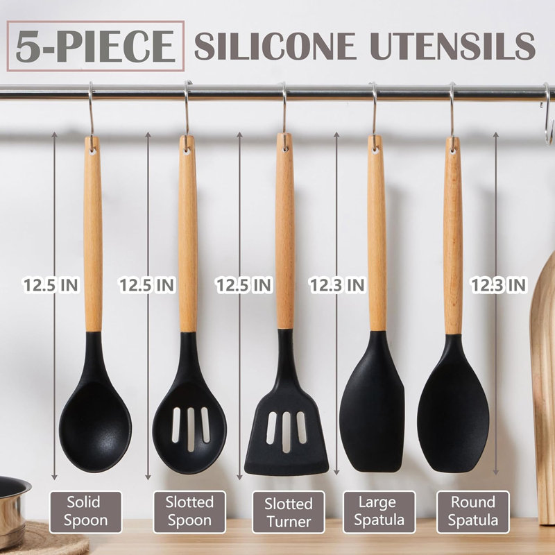 Ensemble d'ustensiles de cuisine en silicone 5 pièces avec poignée en bois, ustensiles de cuisine antiadhésifs pour une cuisson sûre et efficace, résistant à la chaleur et non toxique