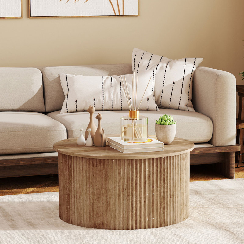 Table basse relevable, table basse ronde moderne cannelée de 81 cm (32 po), naturelle