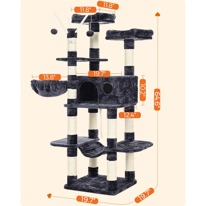 Arbre à chat, grande tour pour chat, 64,6 pouces, centre d'activité pour chat avec hamac, panier, bâtons de boules de fourrure amovibles, condo pour chat, gris fumé