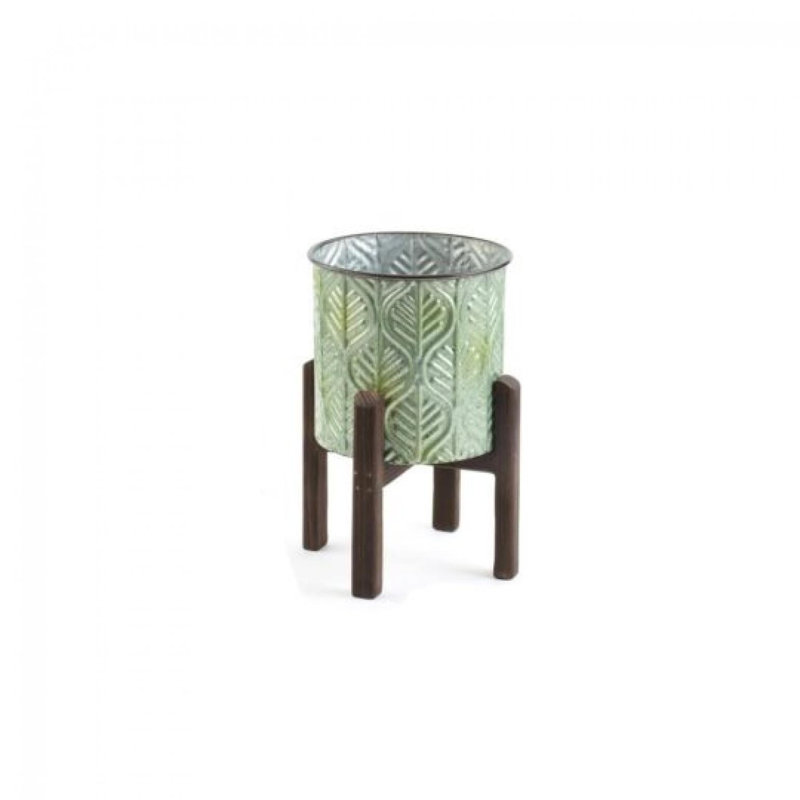 Green Metal Pots with Dark Wood Stands Set of 2