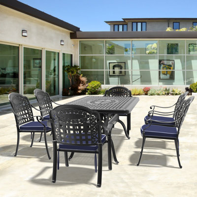 Ensemble de 7 pièces de mobilier de patio en aluminium coulé avec cadre et coussins bleus