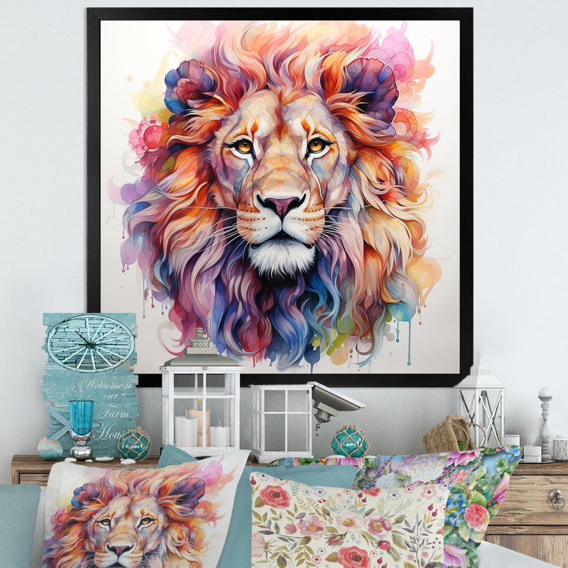 Portrait de lion royal coloré - Art mural lion, Cadre photo noir, H 36 po x l 36 po x P 1,5 po