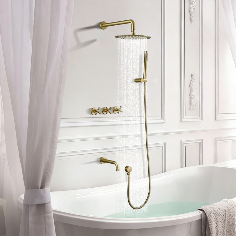 Wall Mounted Solid Brass Complete Shower System With Tub Spout And 3-Cross Handles, Brushed Gold