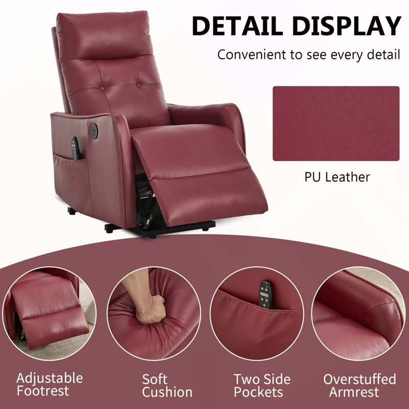 Fauteuil inclinable électrique à moteur simple vin rouge PU avec massage et chaleur pour personnes âgées, mécanisme de mouvement robuste et un port USB pour la charge, angle d'inclinaison maximal de 155 °