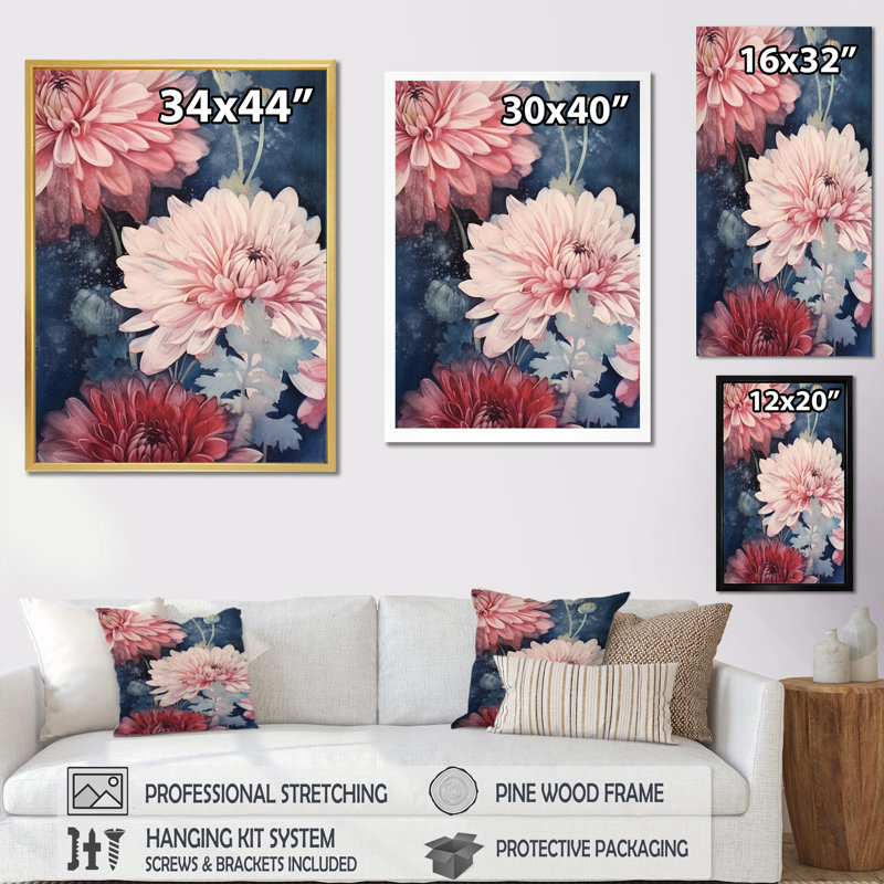 «Pink White Natures Chrysanthemums Melody I» sur toile, H 20 po x l 12 po x P 1 po, Cadre simple argenté