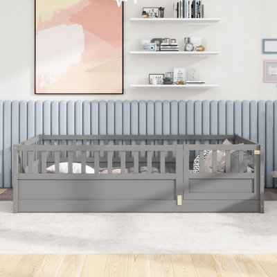Montessori Wooden Floor Bed with High Security Barrier, Door, Kids Floor Bed Frame, Integral Construction by Harriet Bee