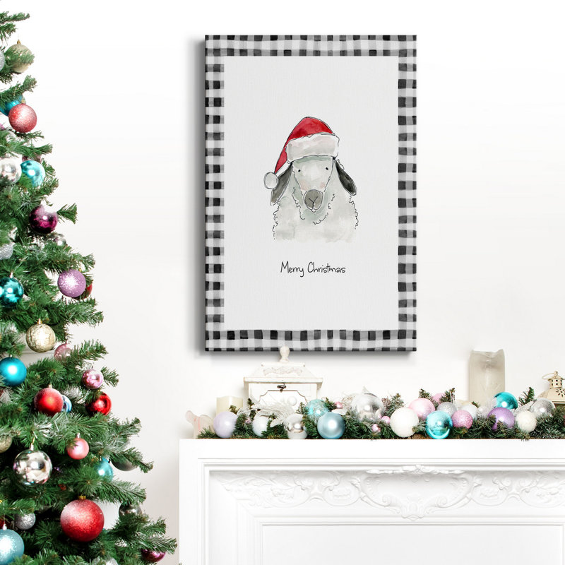 Merry Christmas Sheep, toile tendue avec châssis de qualité supérieure - prête à être accrochée, H 27 po x l 18 po x P 1 po