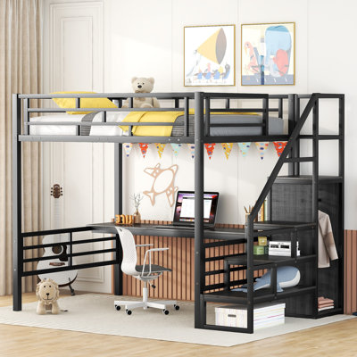 Full Size Metal Loft Bed with Desk, Storage Staircase and Small Wardrobe