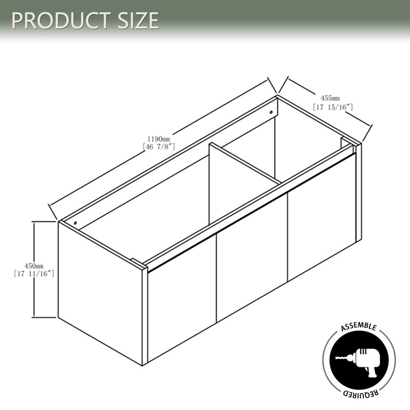Base de meuble-lavabo mural 48 po avec portes à fermeture douce, imitation chêne