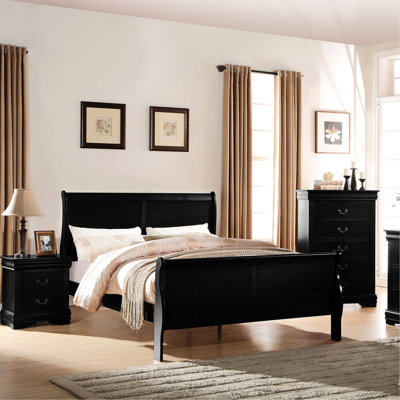 Lit simple noir avec une conception à profil bas pour une chambre à coucher élégante en bois massif