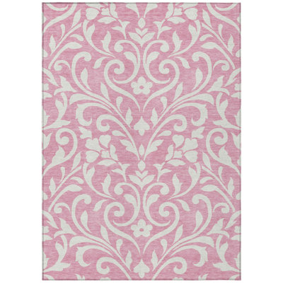 3' X 5' Pink And Ivory Floral Washable Indoor Outdoor Area Rug