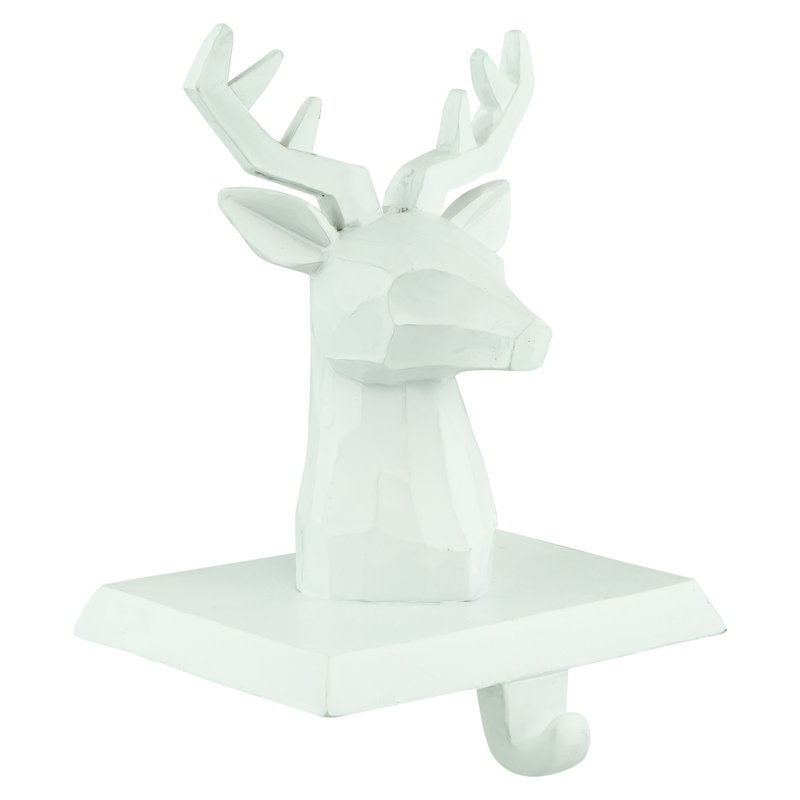 White Hand-Carved Reindeer Head Stocking Holders, Set of 2