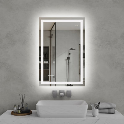 Miroir de salle de bain 24 po x 36 po à DEL, éclairé à l'avant et à l'arrière, gradable en continu, 3 couleurs CRI90 +, mémoire de luminosité, incassable, miroir de meuble-lavabo à DEL antibuée, imperméable IP44