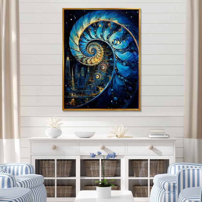Nautilus, saphir, coquillages sur toile, H 32 po x l 24 po x P 1 po, Cadre flottant doré