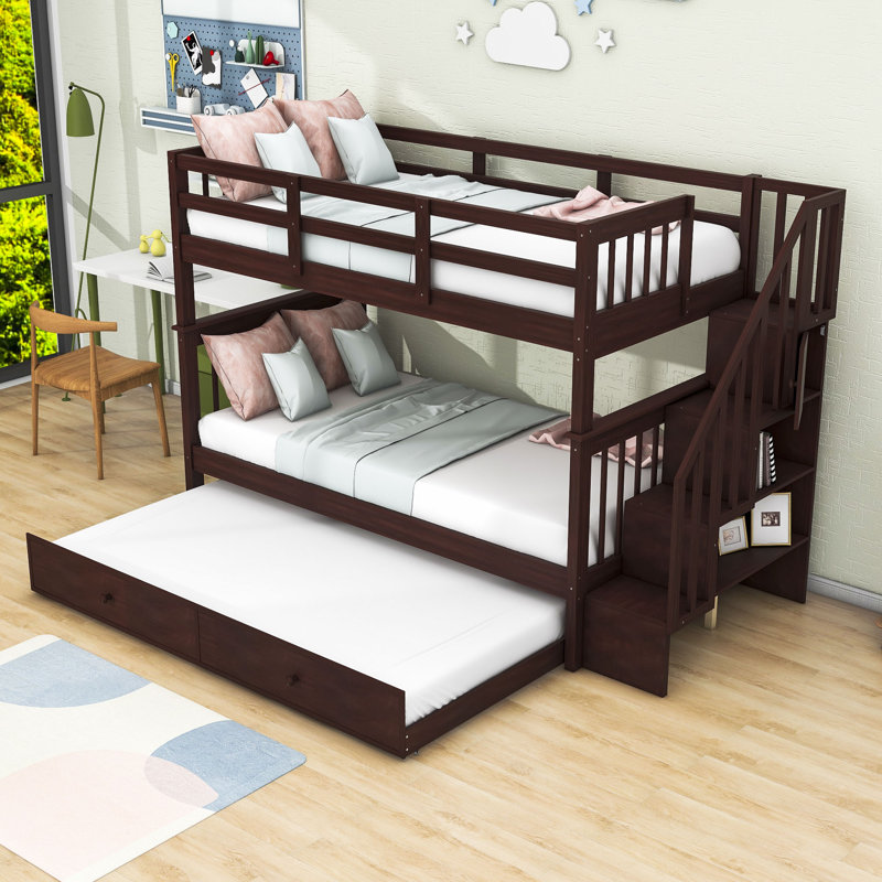 Doresha Kids Bunk Bed with Trundle, Twin over Twin, Espresso