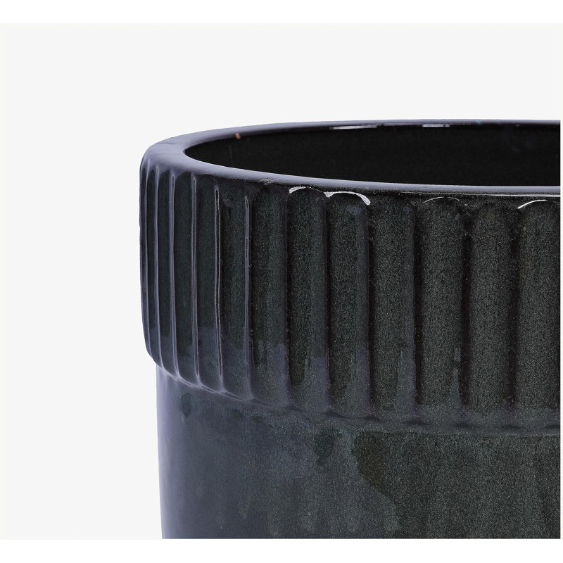 Handmade Ceramic Planter Set of 3, 15 Inch Diameter, Black Ribbed Pattern, for Succulents Indoor/Outdoor Use on Windowsill & Bookshelf, Breathable Clay