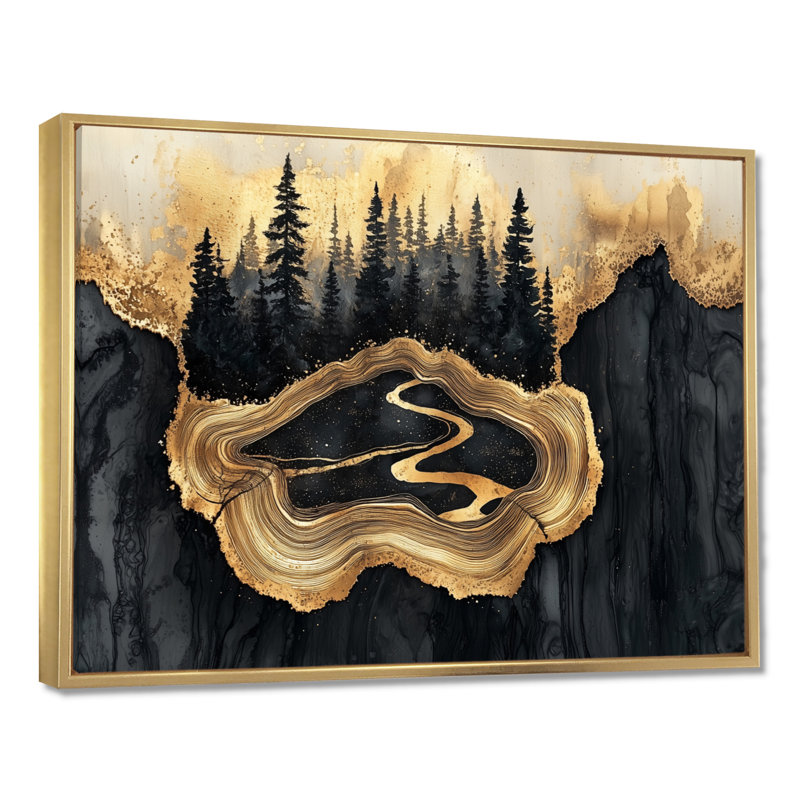 Forêt, rivière, onyx noir cristal IV - forêt, art mural sur toile, H 30 po x l 40 po, Cadre flottant, Doré
